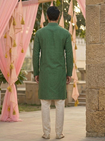 Men's Olive Green Collared Kurta with Beige Pants Set