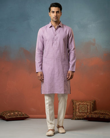 CHHAAP Men Mauve Lavender Solid Linen-Blend Kurta with Off-White Pants Set