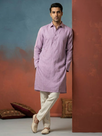 CHHAAP Men Mauve Lavender Solid Linen-Blend Kurta with Off-White Pants Set
