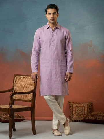 CHHAAP Men Mauve Lavender Solid Linen-Blend Kurta with Off-White Pants Set