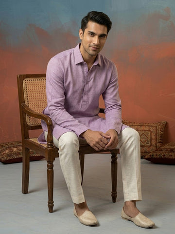 CHHAAP Men Mauve Lavender Solid Linen-Blend Kurta with Off-White Pants Set