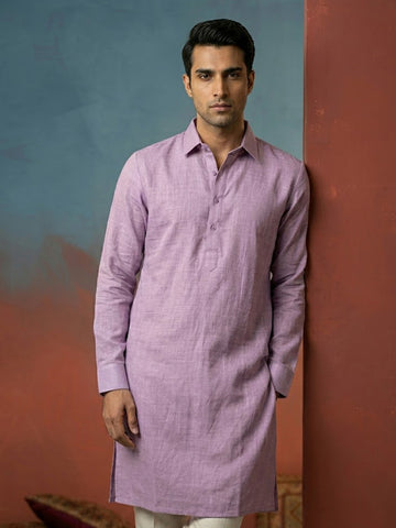 CHHAAP Men Mauve Lavender Solid Linen-Blend Kurta with Off-White Pants Set