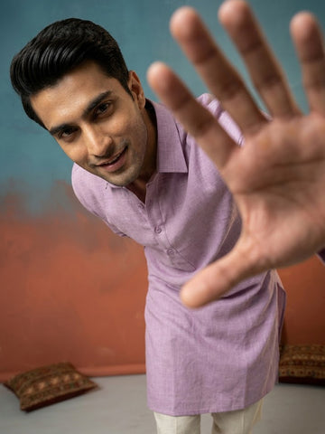 CHHAAP Men Mauve Lavender Solid Linen-Blend Kurta with Off-White Pants Set