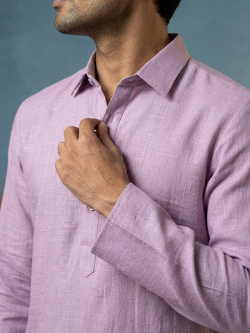 CHHAAP Men Mauve Lavender Solid Linen-Blend Kurta with Off-White Pants Set