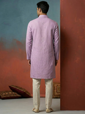 CHHAAP Men Mauve Lavender Solid Linen-Blend Kurta with Off-White Pants Set