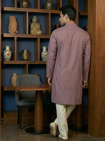 CHHAAP Men's Mauve Shirt-Collar Kurta with Off-White Pants Set