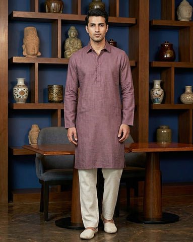 CHHAAP Men's Mauve Shirt-Collar Kurta with Off-White Pants Set