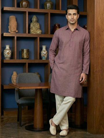 CHHAAP Men's Mauve Shirt-Collar Kurta with Off-White Pants Set