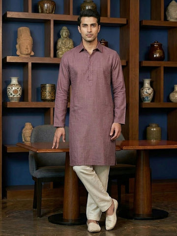 CHHAAP Men's Mauve Shirt-Collar Kurta with Off-White Pants Set