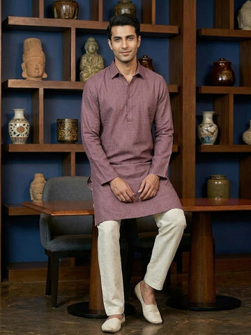CHHAAP Men's Mauve Shirt-Collar Kurta with Off-White Pants Set