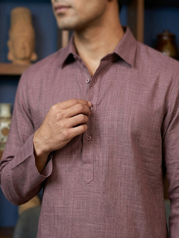 CHHAAP Men's Mauve Shirt-Collar Kurta with Off-White Pants Set