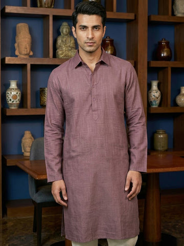 CHHAAP Men's Mauve Shirt-Collar Kurta with Off-White Pants Set