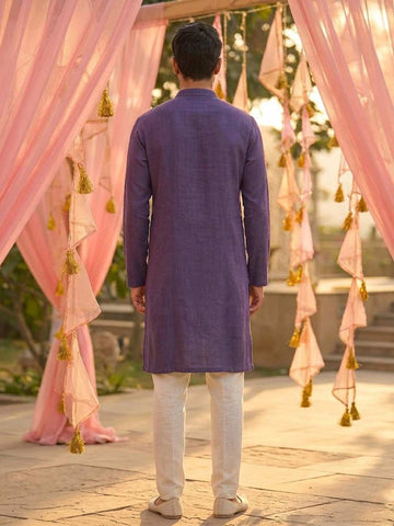 Men's Indigo Blue Linen-Look Cotton Kurta with Shirt Collar