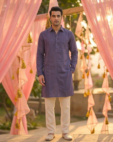 Men's Indigo Blue Linen-Look Cotton Kurta with Shirt Collar