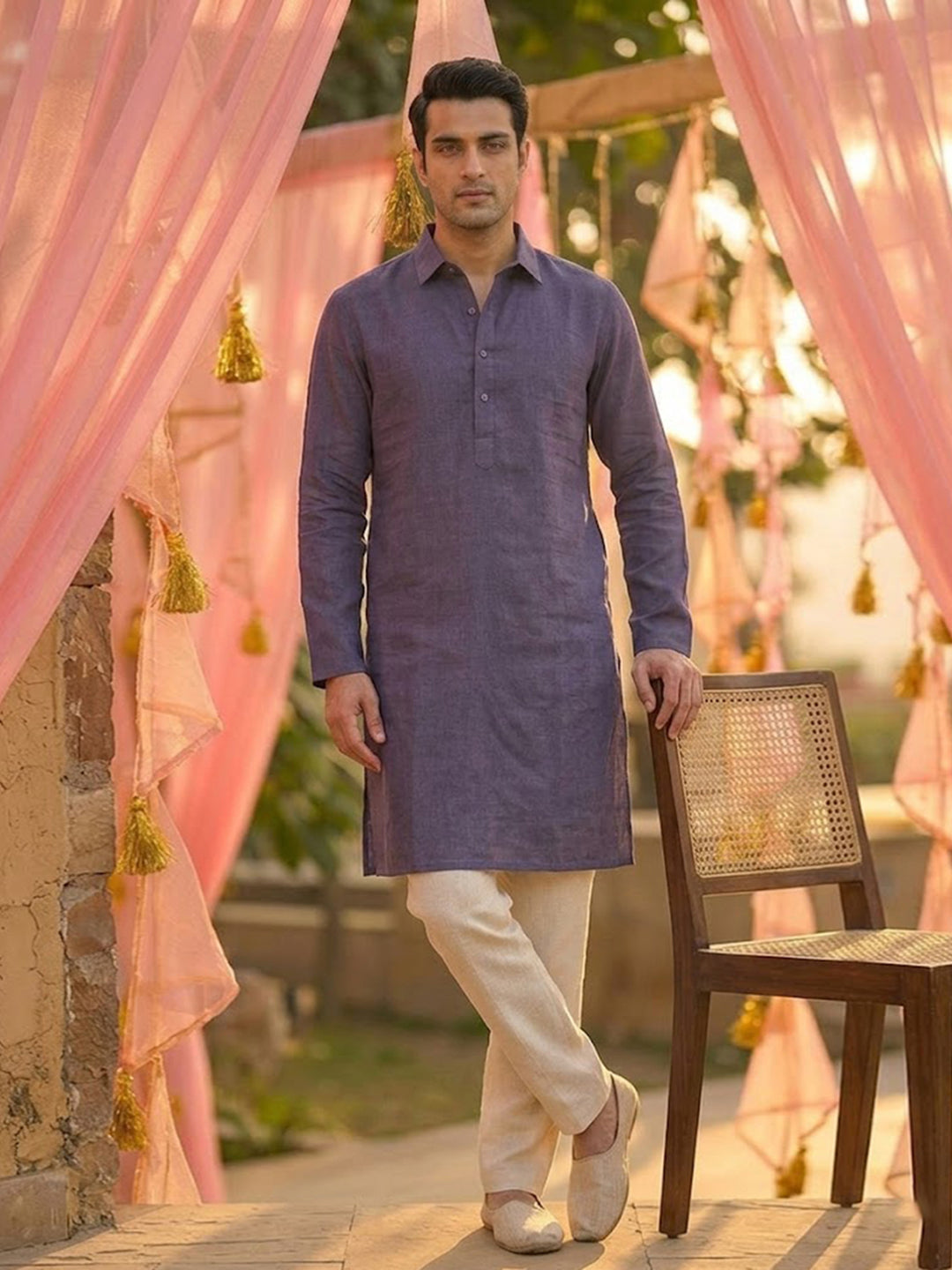 Men's Lavender Mauve Linen Kurta with Off-White Pants Set