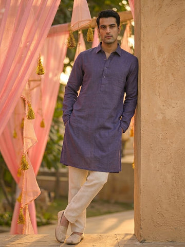 Men's Lavender Mauve Linen Kurta with Off-White Pants Set