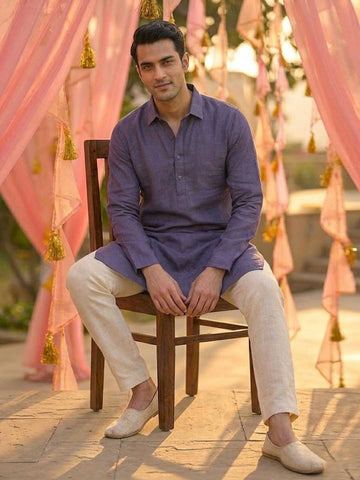 Men's Indigo Blue Linen-Look Cotton Kurta with Shirt Collar