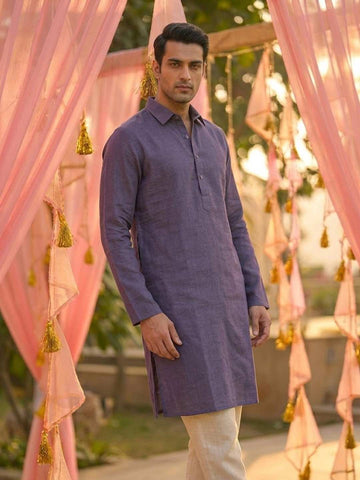 Men's Indigo Blue Linen-Look Cotton Kurta with Shirt Collar
