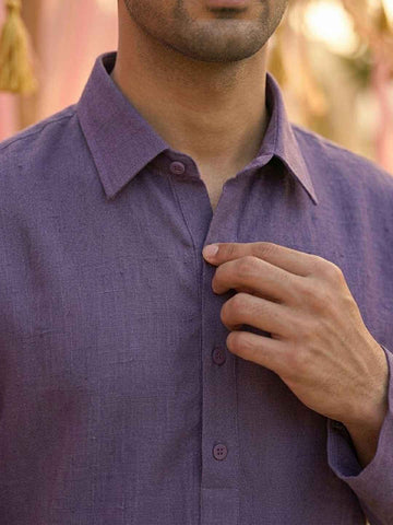Men's Indigo Blue Linen-Look Cotton Kurta with Shirt Collar