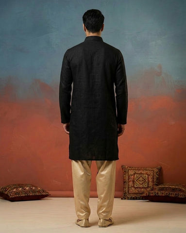 Chhaap Black Cotton Solid Shirt Collar Kurta Set