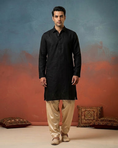 Chhaap Black Cotton Solid Shirt Collar Kurta Set