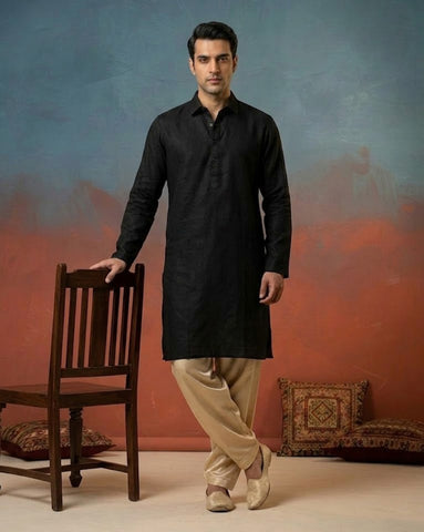 Chhaap Black Cotton Solid Shirt Collar Kurta Set