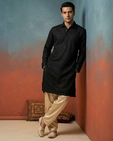 Chhaap Black Cotton Solid Shirt Collar Kurta Set