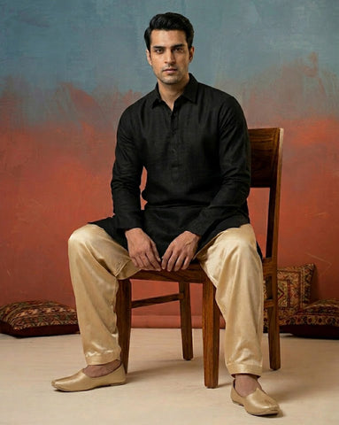 Chhaap Black Cotton Solid Shirt Collar Kurta Set