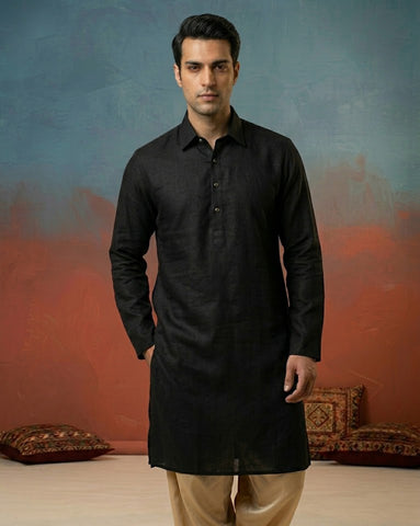 Chhaap Black Cotton Solid Shirt Collar Kurta Set