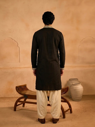 Men's Black Silk Kurta with Cream Patiala Salwar Set