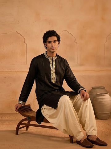 Men's Black Silk Kurta with Cream Patiala Salwar Set