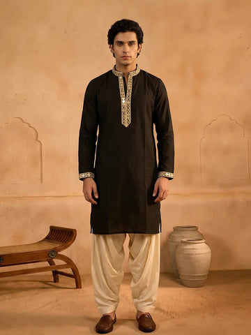 Men's Black Silk Kurta with Cream Patiala Salwar Set