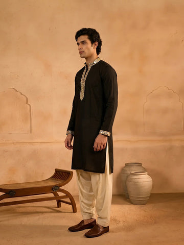 Men's Black Silk Kurta with Cream Patiala Salwar Set