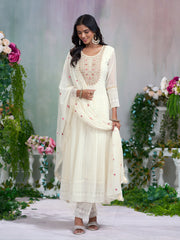 White Georgette Zari Sequence Thread Embroidery With Mirror Work Kurta With Pant And Dupatta