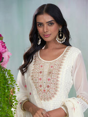 White Georgette Zari Sequence Thread Embroidery With Mirror Work Kurta With Pant And Dupatta