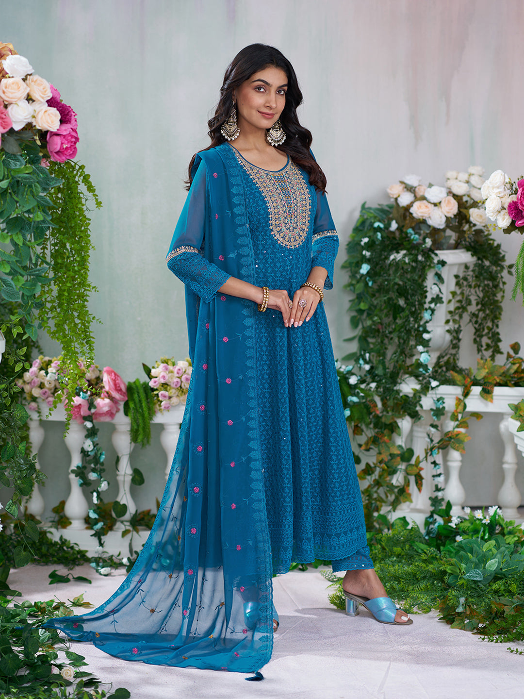 Royal Blue Georgette Zari Sequence Thread Embroidery With Mirror Work Kurta With Pant And Dupatta
