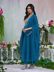 Royal Blue Georgette Zari Sequence Thread Embroidery With Mirror Work Kurta With Pant And Dupatta