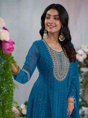 Royal Blue Georgette Zari Sequence Thread Embroidery With Mirror Work Kurta With Pant And Dupatta