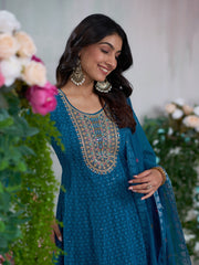 Royal Blue Georgette Zari Sequence Thread Embroidery With Mirror Work Kurta With Pant And Dupatta