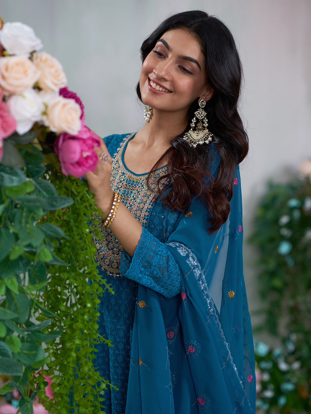 Royal Blue Georgette Zari Sequence Thread Embroidery With Mirror Work Kurta With Pant And Dupatta