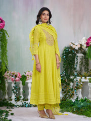 Lime Yellow Georgette Zari Sequence Thread Embroidery With Mirror Work Kurta With Pant And Dupatta