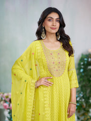 Lime Yellow Georgette Zari Sequence Thread Embroidery With Mirror Work Kurta With Pant And Dupatta