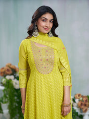 Lime Yellow Georgette Zari Sequence Thread Embroidery With Mirror Work Kurta With Pant And Dupatta
