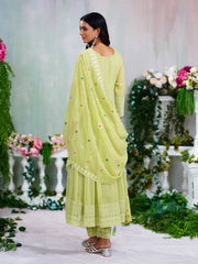 Green Georgette Zari Sequence Thread Embroidery With Mirror Work Kurta With Pant And Dupatta