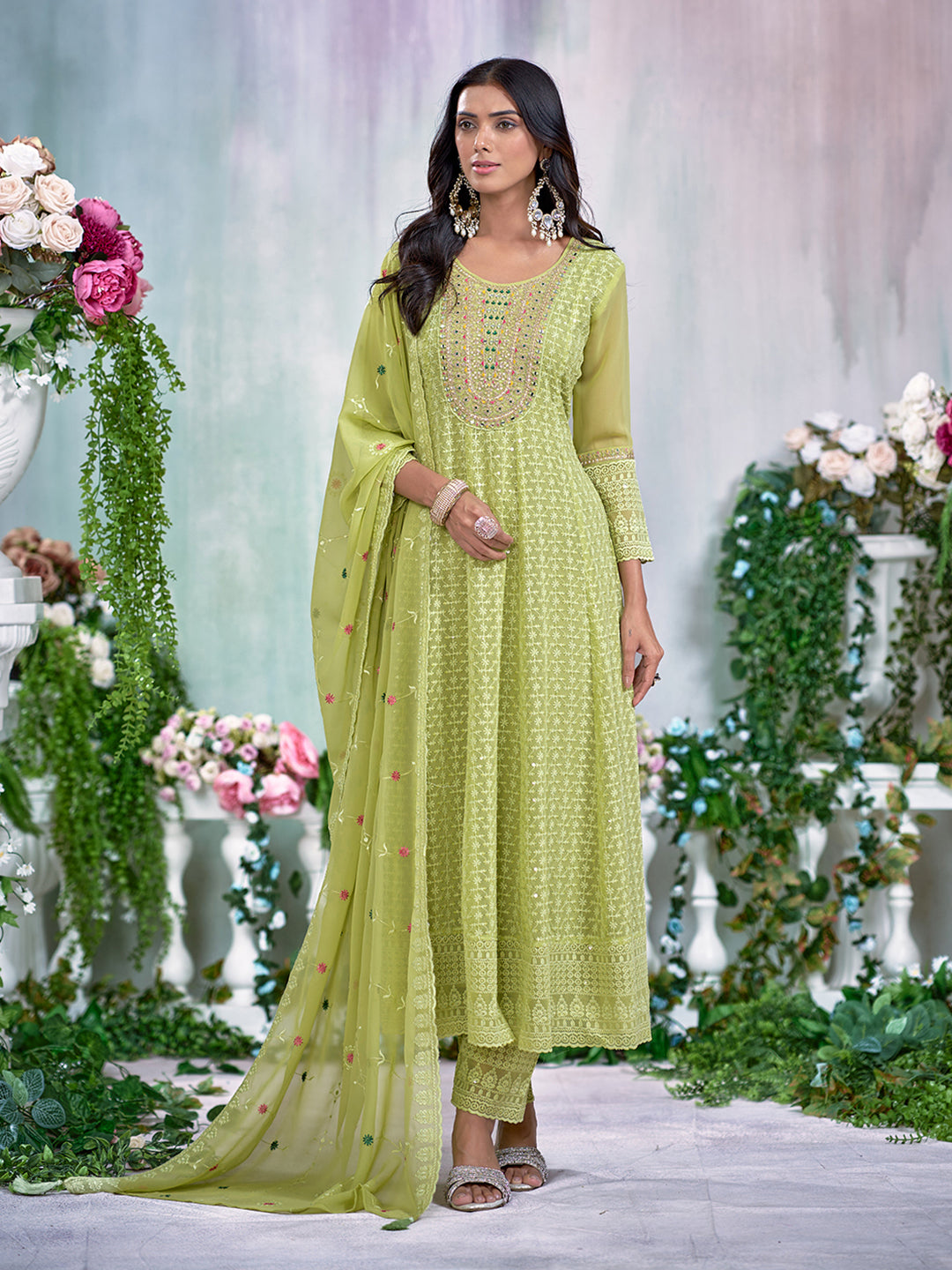 Green Georgette Zari Sequence Thread Embroidery With Mirror Work Kurta With Pant And Dupatta