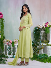 Green Georgette Zari Sequence Thread Embroidery With Mirror Work Kurta With Pant And Dupatta