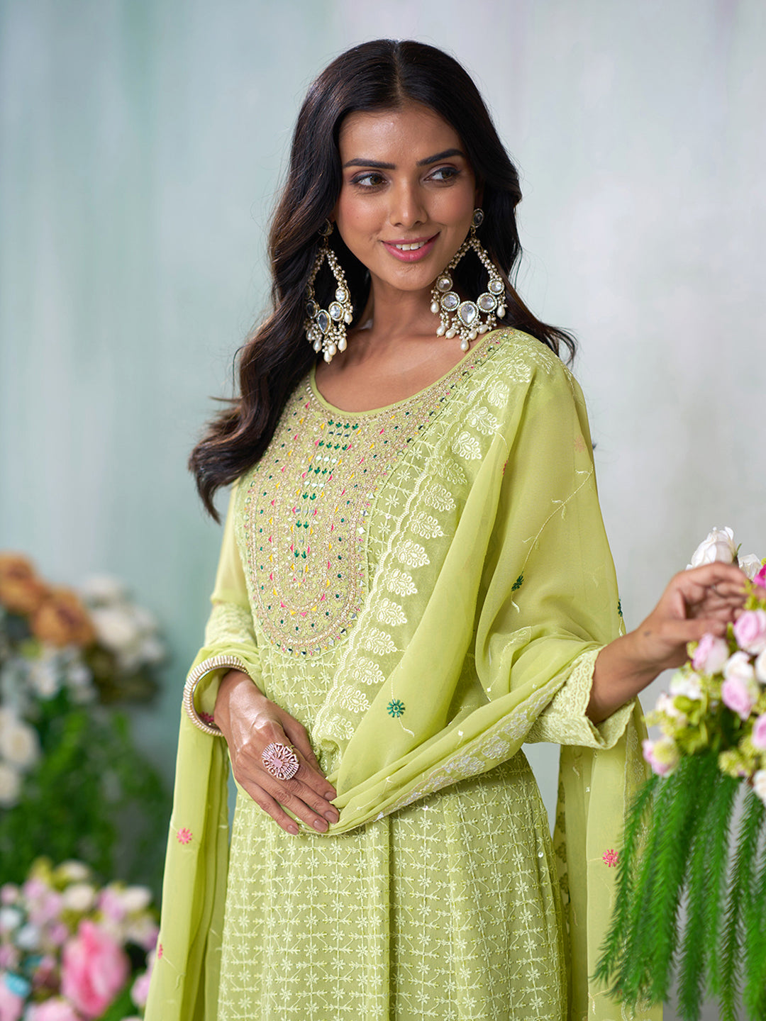 Green Georgette Zari Sequence Thread Embroidery With Mirror Work Kurta With Pant And Dupatta