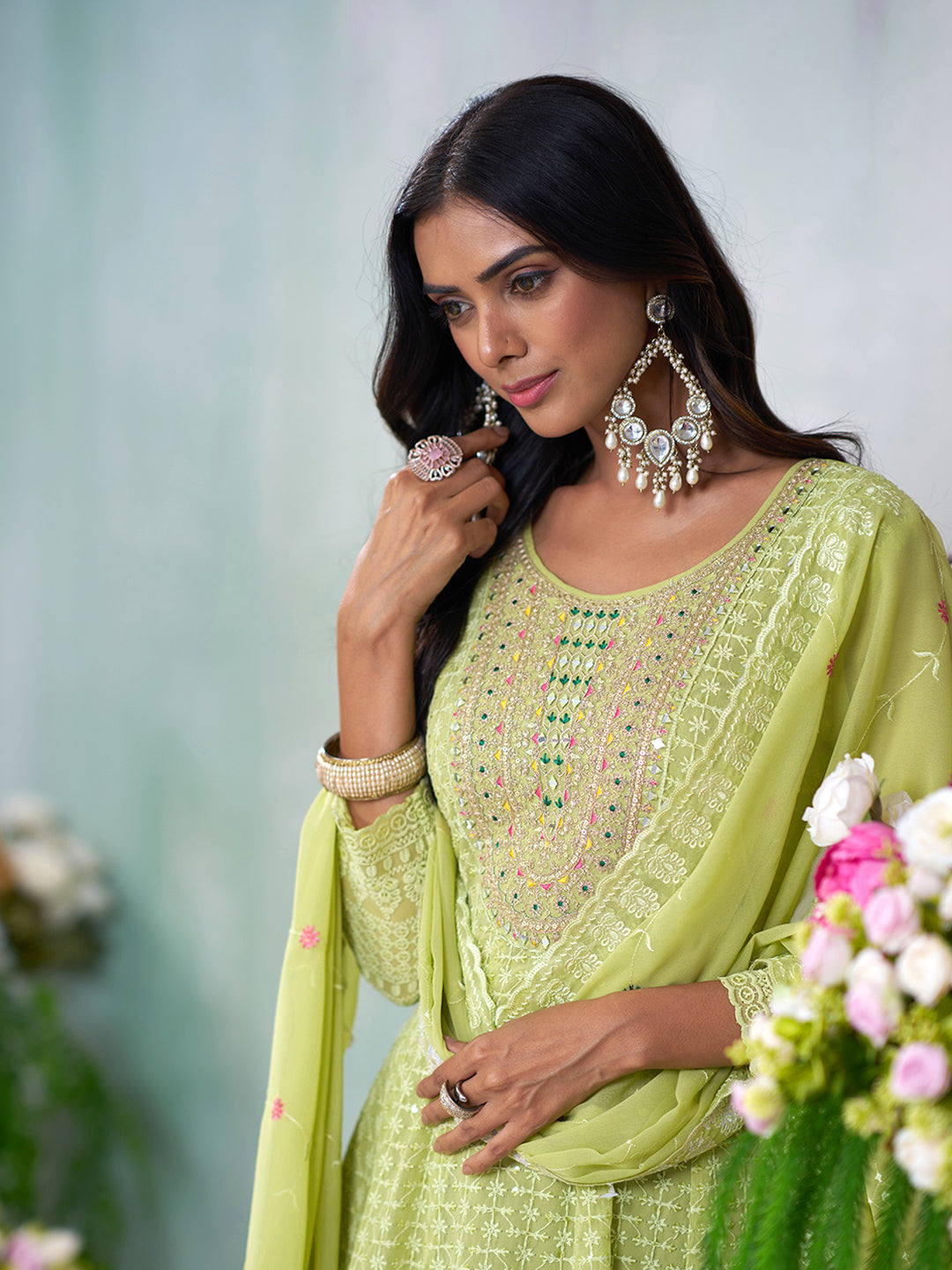 Green Georgette Zari Sequence Thread Embroidery With Mirror Work Kurta With Pant And Dupatta