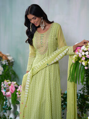 Green Georgette Zari Sequence Thread Embroidery With Mirror Work Kurta With Pant And Dupatta