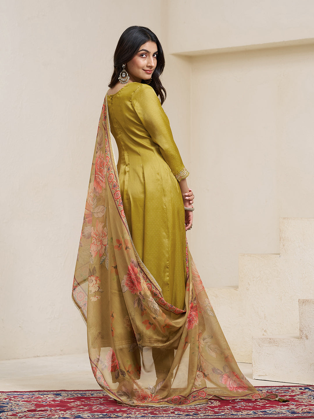 Mustard Yellow Silk Blend Zari Sequence Thread Embroidery With Mirror Work Kurta With Pant And Dupatta